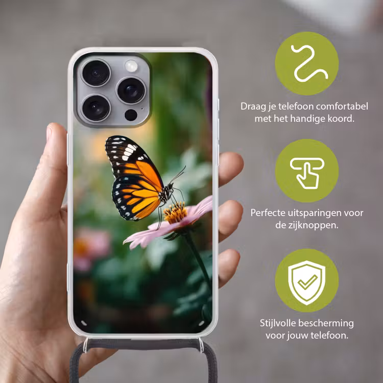 Roze bloemen - Vlinder - Zachte focus Hoesje iPhone 16 Pro Max met koord klein -sfeer2_NL