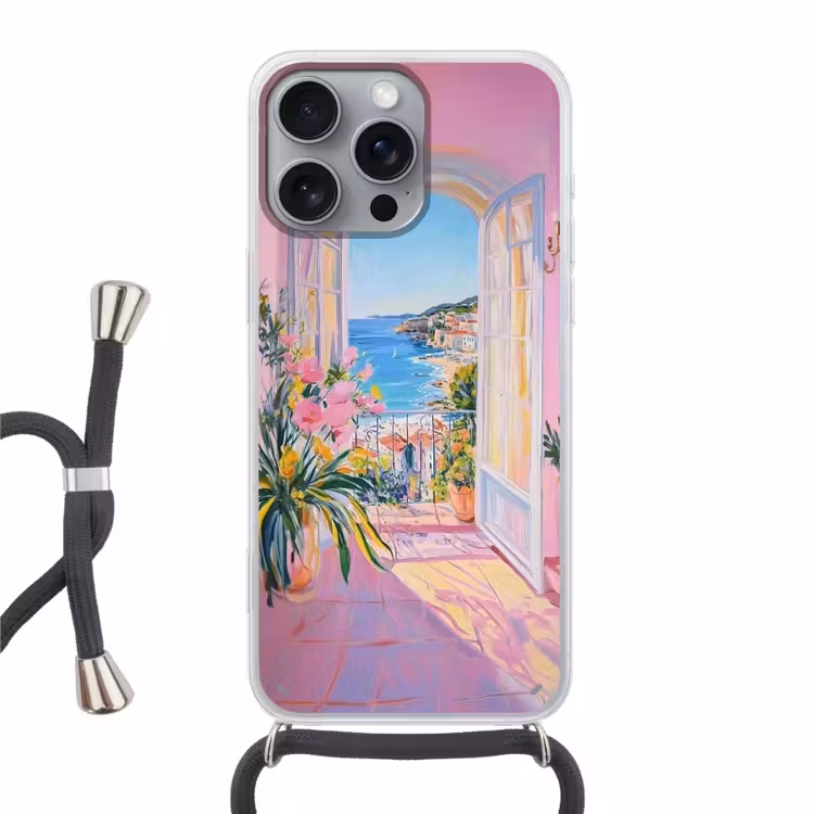 Roze - Buiten - Verf Hoesje iPhone 16 Pro Max met koord klein -3d