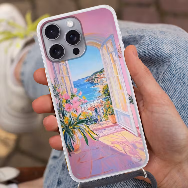 Roze - Buiten - Verf Hoesje iPhone 16 Pro Max met koord klein -sfeer3