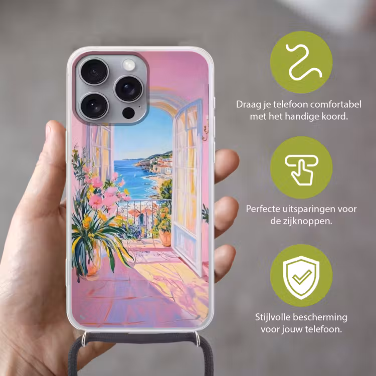 Roze - Buiten - Verf Hoesje iPhone 16 Pro Max met koord klein -sfeer2_NL