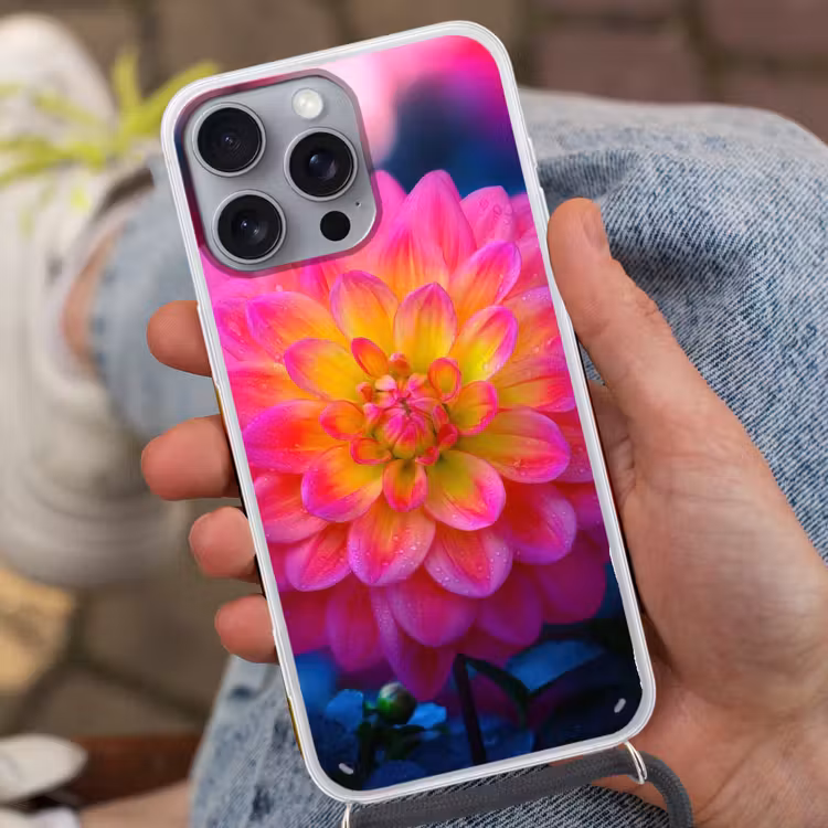 Roze - Dahlia - Kleurrijk Hoesje iPhone 16 Pro Max met koord klein -sfeer3