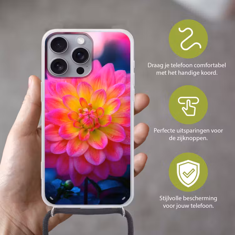 Roze - Dahlia - Kleurrijk Hoesje iPhone 16 Pro Max met koord klein -sfeer2_NL