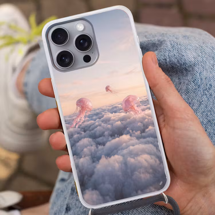 Telefoonhoesje met koord - Roze dier - Wolken - Roze dier - Wolken Hoesje iPhone 16 Pro Max met koord klein