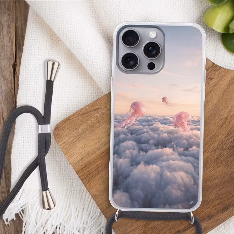 Telefoonhoesje met koord - Roze dier - Wolken - Roze dier - Wolken Hoesje iPhone 16 Pro Max met koord klein