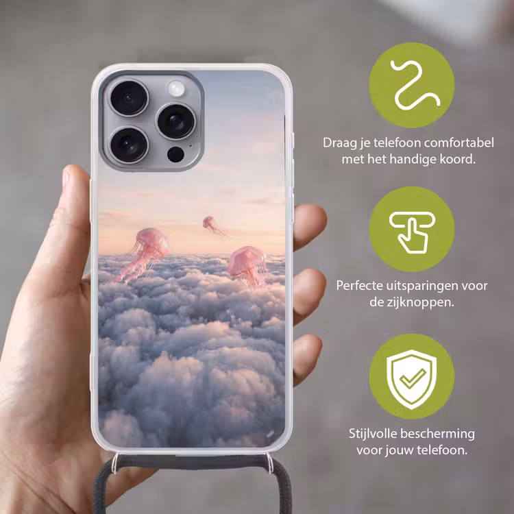 Telefoonhoesje met koord - Roze dier - Wolken - Roze dier - Wolken Hoesje iPhone 16 Pro Max met koord klein