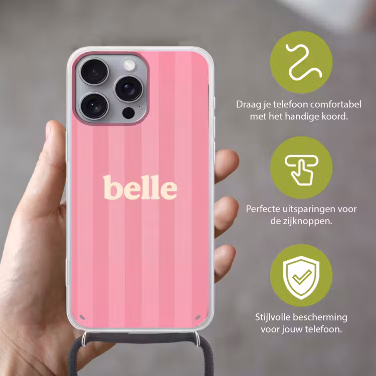 Roze - Gestreept - Belle Hoesje iPhone 16 Pro Max met koord klein -sfeer2_NL