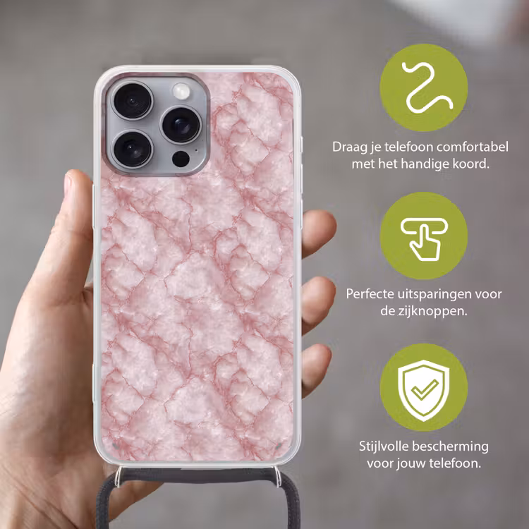 Roze - Kwartsmarmer - Aders Hoesje iPhone 16 Pro Max met koord klein 804 -sfeer2_NL