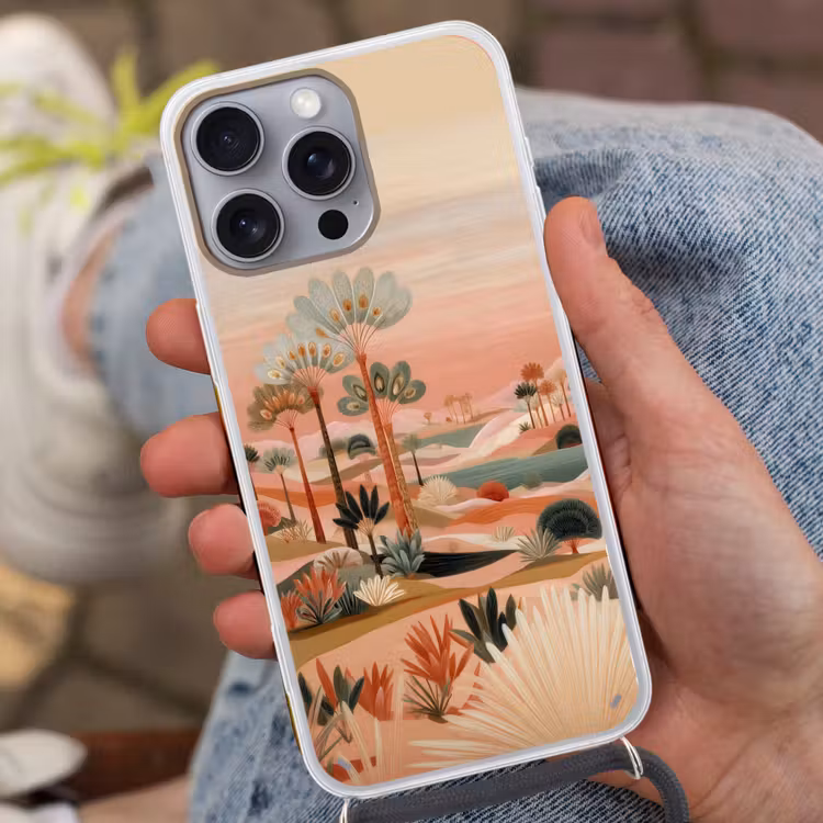 Roze landschap - Palmen - Water Hoesje iPhone 16 Pro Max met koord klein -sfeer3