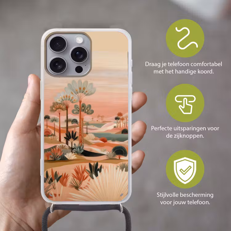 Roze landschap - Palmen - Water Hoesje iPhone 16 Pro Max met koord klein -sfeer2_NL