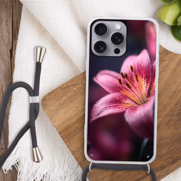 Roze - lelie - Dauwdruppels Hoesje iPhone 16 Pro Max met koord klein -sfeer4