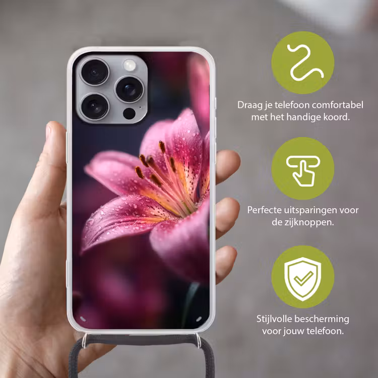 Roze - lelie - Dauwdruppels Hoesje iPhone 16 Pro Max met koord klein -sfeer2_NL