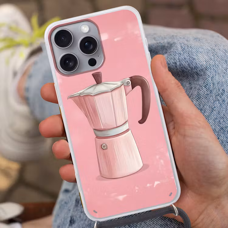 Roze - Mokkapot - Illustratie - Koffie Hoesje iPhone 16 Pro Max met koord klein -sfeer3