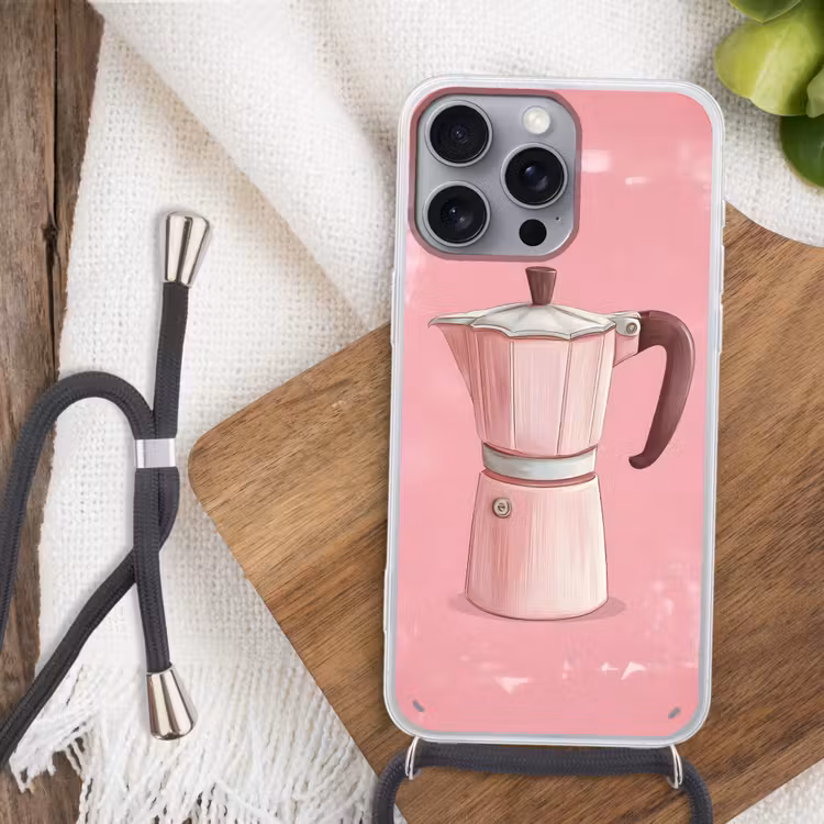 Roze - Mokkapot - Illustratie - Koffie Hoesje iPhone 16 Pro Max met koord klein -sfeer4