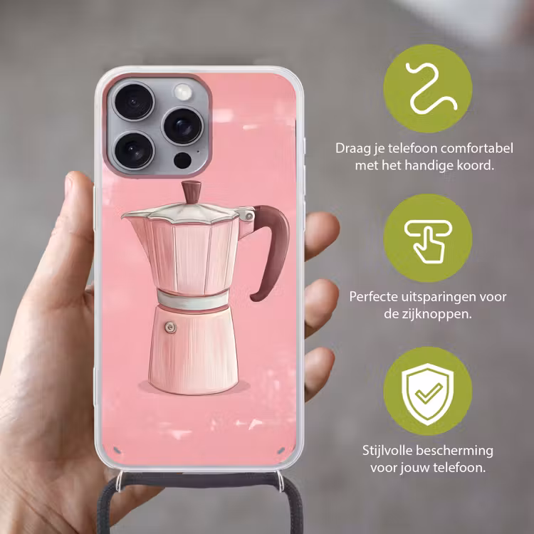Roze - Mokkapot - Illustratie - Koffie Hoesje iPhone 16 Pro Max met koord klein -sfeer2_NL