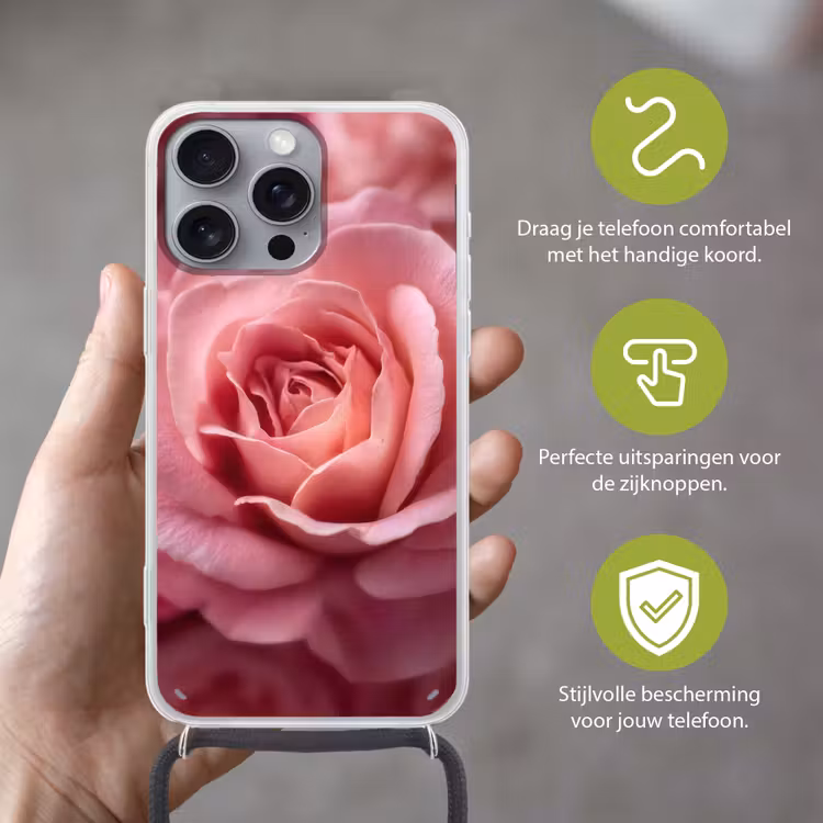 Roze - Roos - Romantisch Hoesje iPhone 16 Pro Max met koord klein -sfeer2_NL
