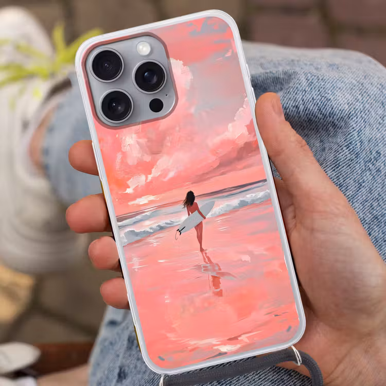 Roze - Surfen - Zee Hoesje iPhone 16 Pro Max met koord klein -sfeer3