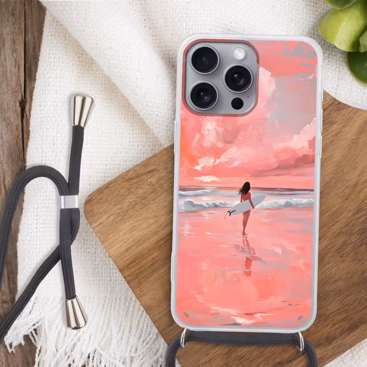 Roze - Surfen - Zee Hoesje iPhone 16 Pro Max met koord klein -sfeer4
