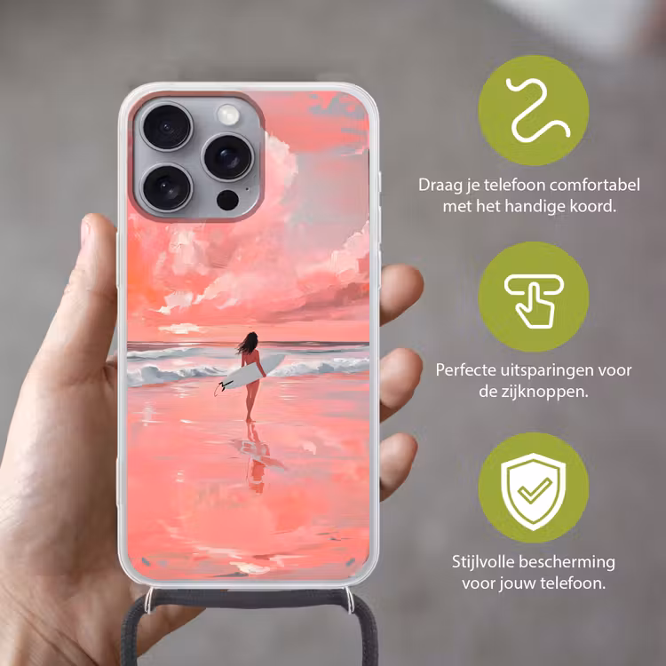 Roze - Surfen - Zee Hoesje iPhone 16 Pro Max met koord klein -sfeer2_NL