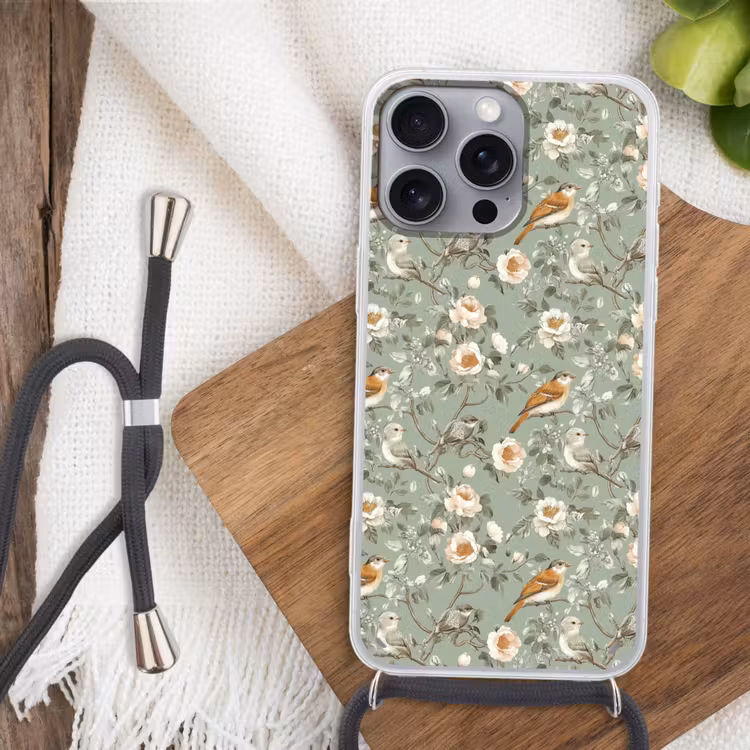 Roze - Vogels - Kleurrijk Hoesje iPhone 16 Pro Max met koord klein 804 -sfeer4