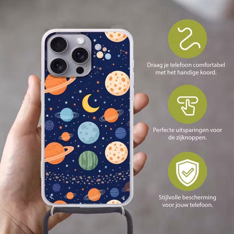 Ruimte - Planeten - Kleurrijk Hoesje iPhone 16 Pro Max met koord klein -sfeer2_NL
