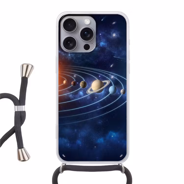 Ruimte - Zonnestelsel - Blauw Hoesje iPhone 16 Pro Max met koord klein -3d
