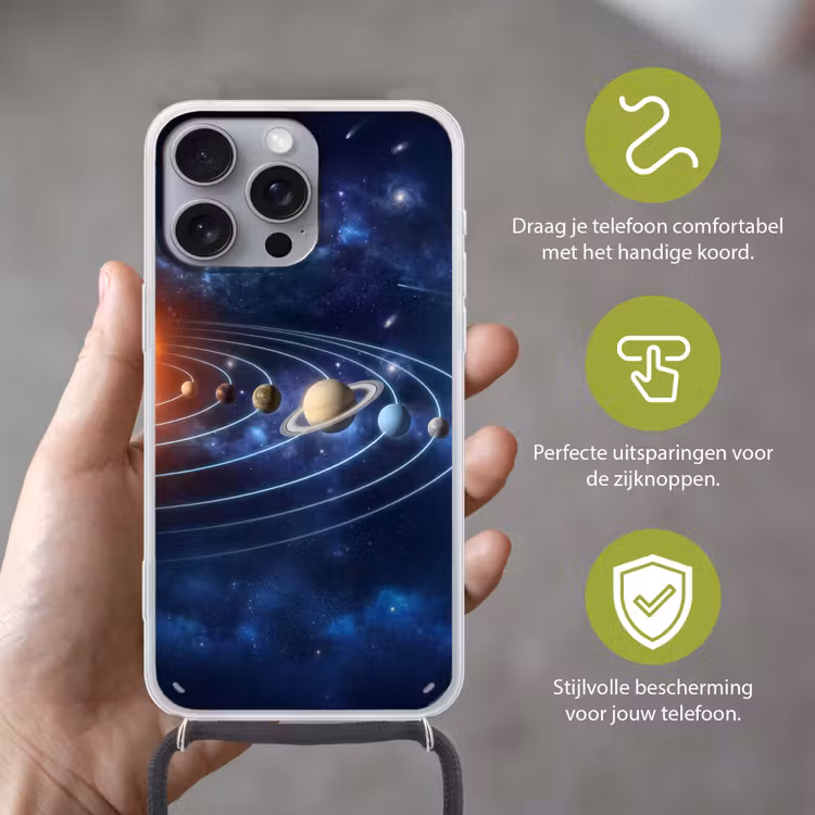 Ruimte - Zonnestelsel - Blauw Hoesje iPhone 16 Pro Max met koord klein -sfeer2_NL