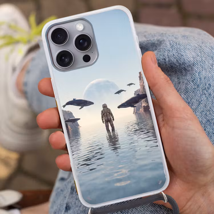Telefoonhoesje met koord - Ruimtevaarder - Walvis - Fantasie - Ruimtevaarder - Walvis - Fantasie Hoesje iPhone 16 Pro Max met koord klein