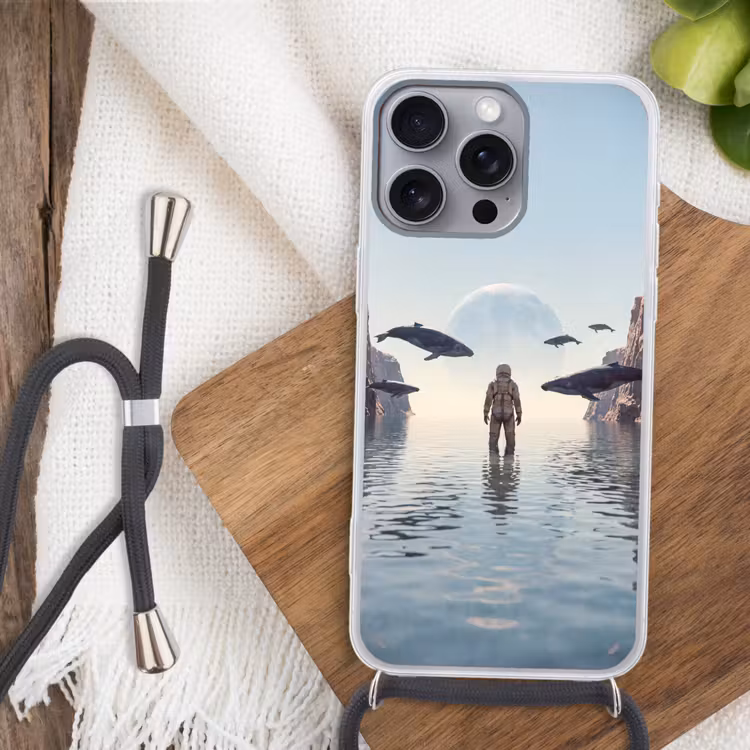 Telefoonhoesje met koord - Ruimtevaarder - Walvis - Fantasie - Ruimtevaarder - Walvis - Fantasie Hoesje iPhone 16 Pro Max met koord klein