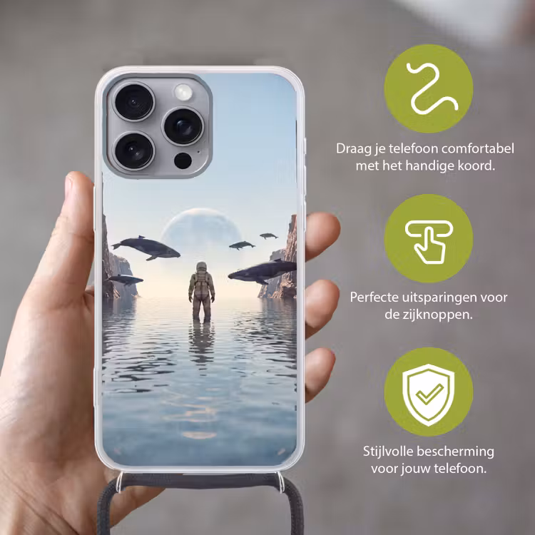 Telefoonhoesje met koord - Ruimtevaarder - Walvis - Fantasie - Ruimtevaarder - Walvis - Fantasie Hoesje iPhone 16 Pro Max met koord klein