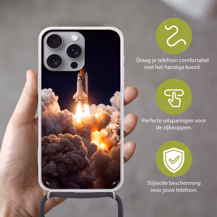 Telefoonhoesje met koord - Ruimtevaartuig - Lancering - Sterren - Ruimtevaartuig - Lancering - Sterren Hoesje iPhone 16 Pro Max met koord klein