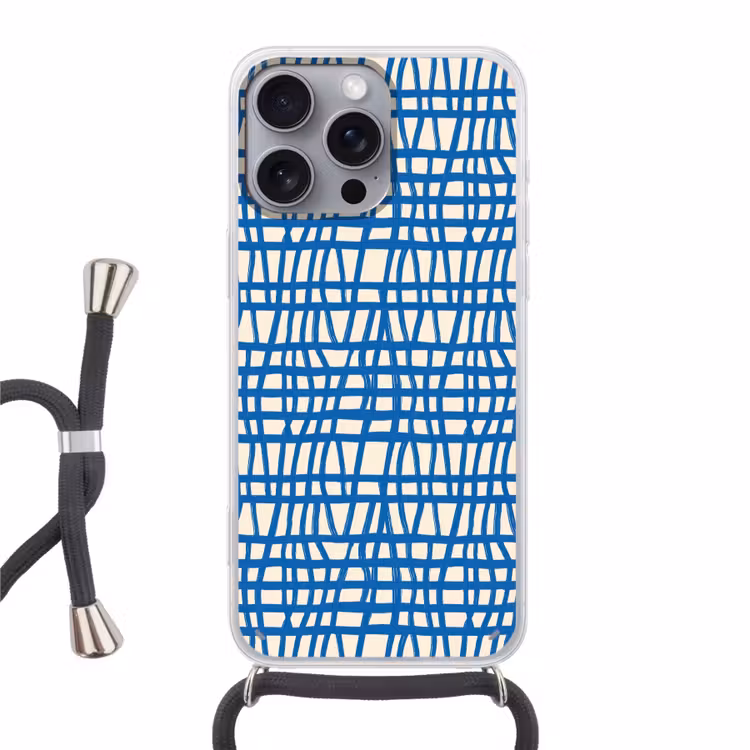 Ruitpatroon - Blauw - Crème Hoesje iPhone 16 Pro Max met koord klein 804 -3d