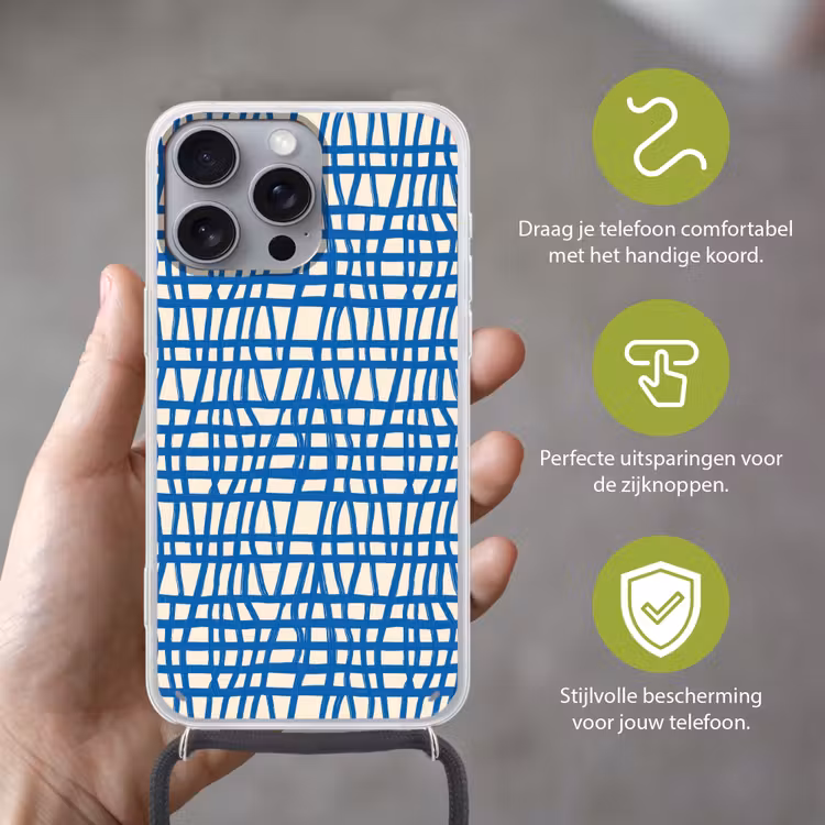 Ruitpatroon - Blauw - Crème Hoesje iPhone 16 Pro Max met koord klein 804 -sfeer2_NL