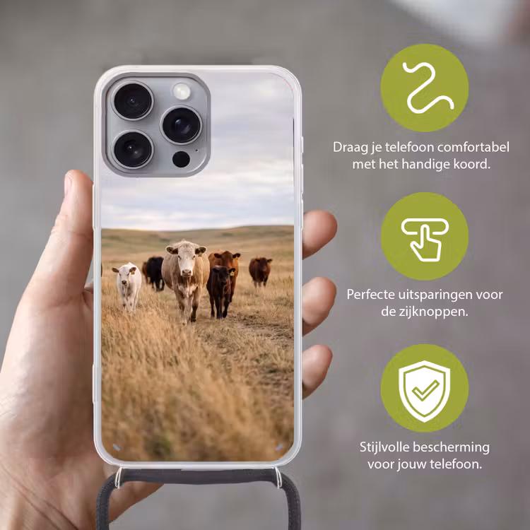 Runderen - Kudde - Landschap - Weide - Rustig Hoesje iPhone 16 Pro Max met koord klein -sfeer2_NL
