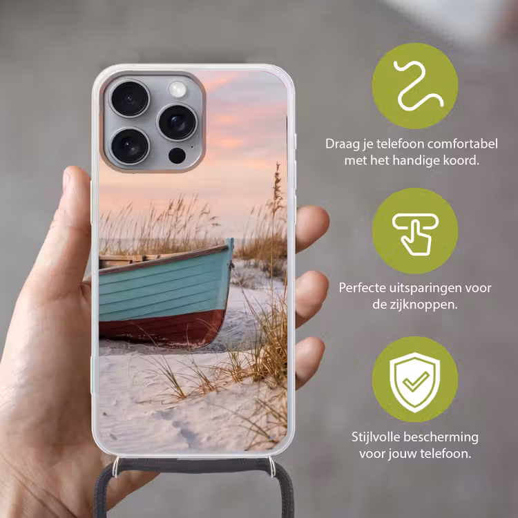 Rustiek - Roeiboot - Zandstrand Hoesje iPhone 16 Pro Max met koord klein -sfeer2_NL