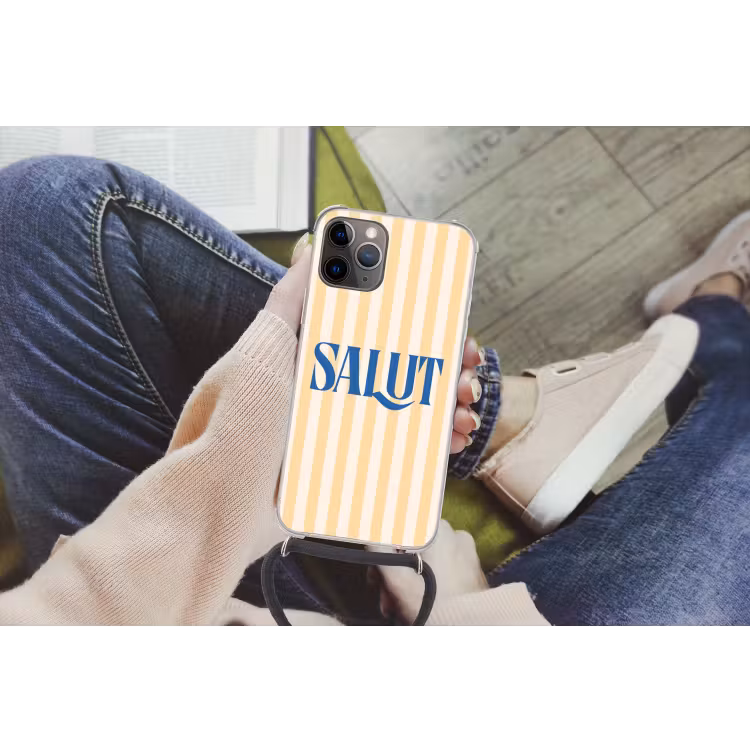 Salut - Quote - Strepen - Geel - Blauw - Wit Hoesje iPhone 12 Pro met koord klein -hand