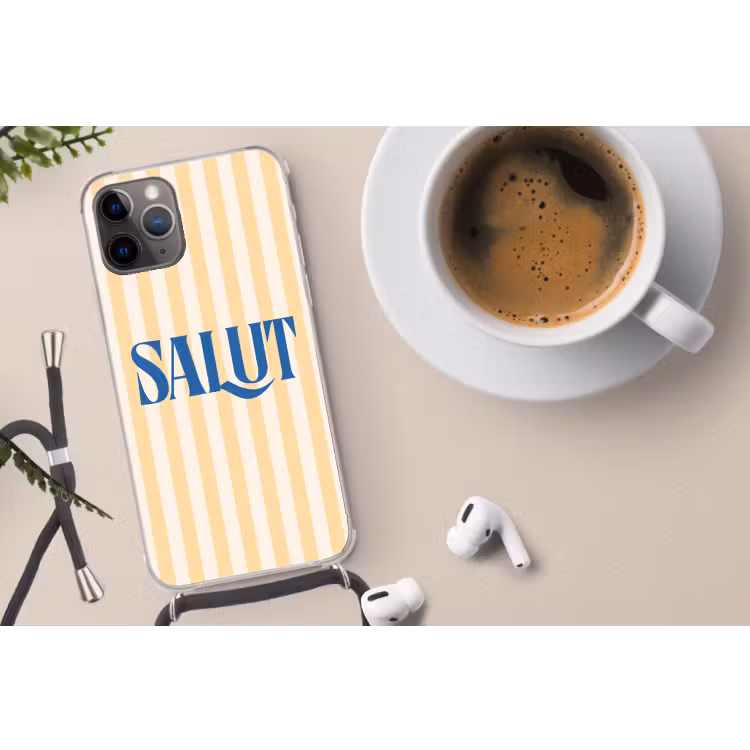 Salut - Quote - Strepen - Geel - Blauw - Wit Hoesje iPhone 12 Pro met koord klein -oordop
