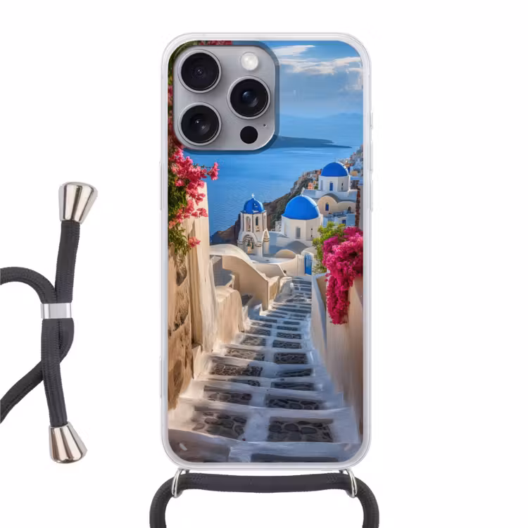 Santorini - Bloemen - Griekenland Hoesje iPhone 16 Pro Max met koord klein -3d