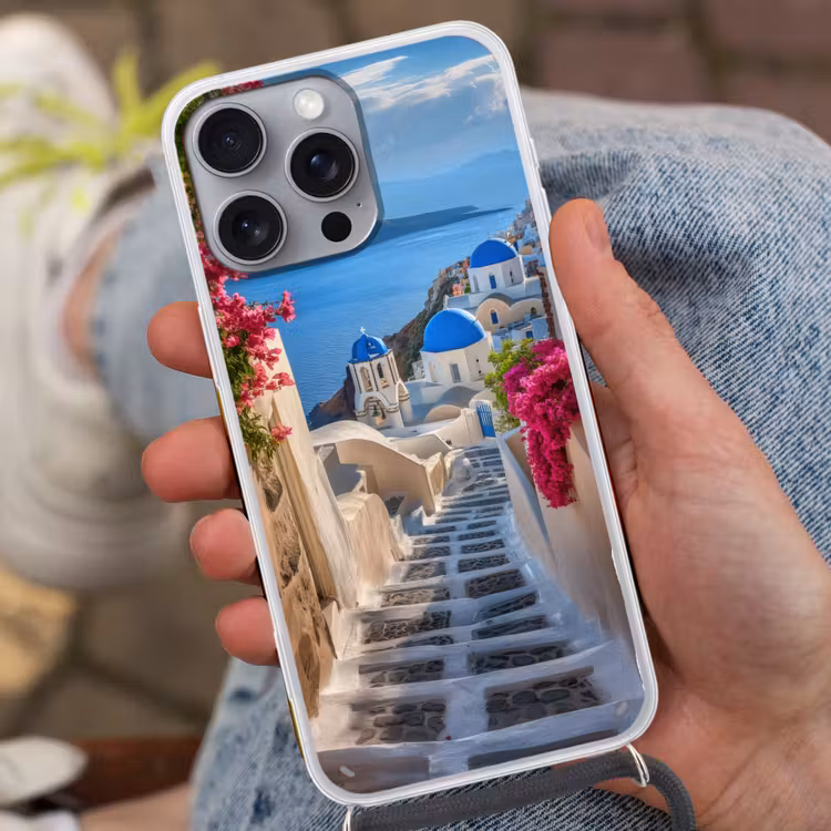 Santorini - Bloemen - Griekenland Hoesje iPhone 16 Pro Max met koord klein -sfeer3