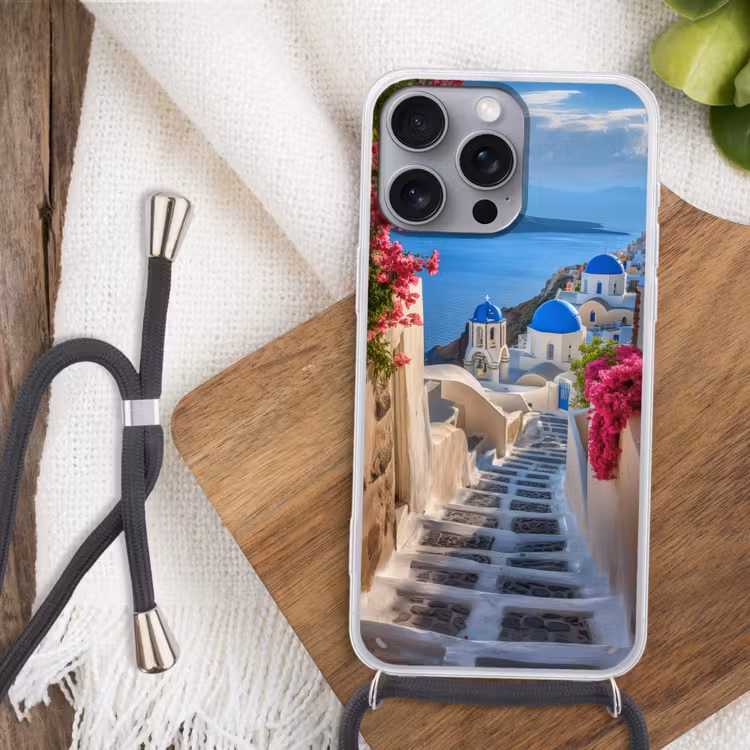 Santorini - Bloemen - Griekenland Hoesje iPhone 16 Pro Max met koord klein -sfeer4