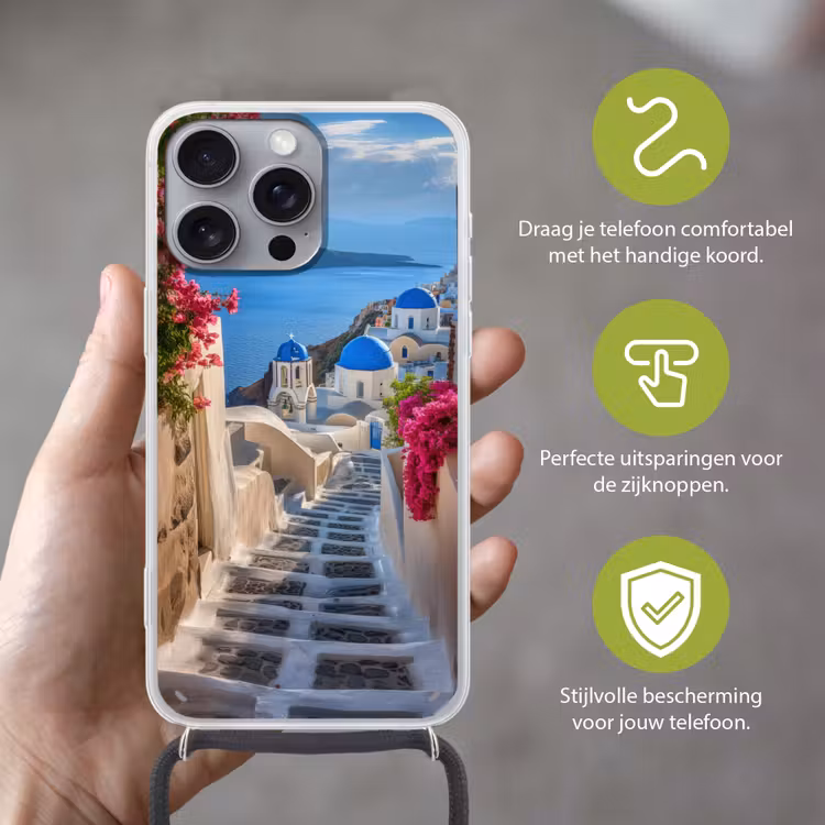 Santorini - Bloemen - Griekenland Hoesje iPhone 16 Pro Max met koord klein -sfeer2_NL