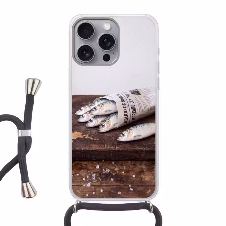Telefoonhoesje met koord - Sardientje - krant - snijplank - Sardientje - krant - snijplank Hoesje iPhone 16 Pro Max met koord klein