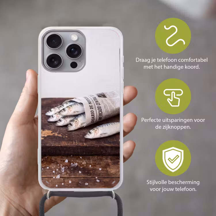 Telefoonhoesje met koord - Sardientje - krant - snijplank - Sardientje - krant - snijplank Hoesje iPhone 16 Pro Max met koord klein
