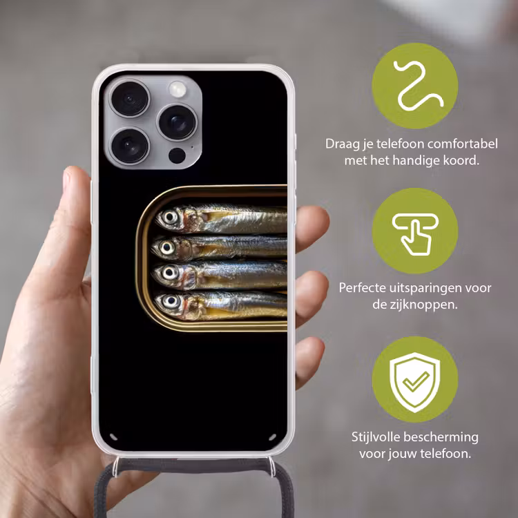 Sardines - Blik - Zwart - Vissen Hoesje iPhone 16 Pro Max met koord klein -sfeer2_NL