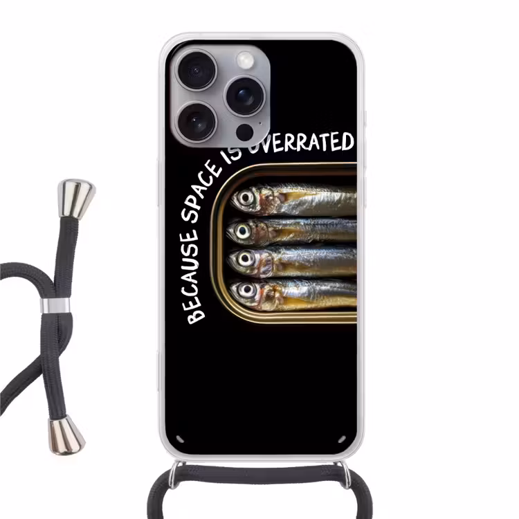 Sardines - Tekst - Vis - Blik Hoesje iPhone 16 Pro Max met koord klein -3d