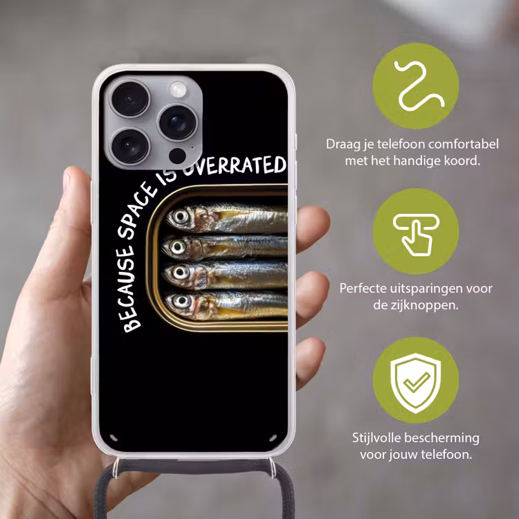 Sardines - Tekst - Vis - Blik Hoesje iPhone 16 Pro Max met koord klein -sfeer2_NL