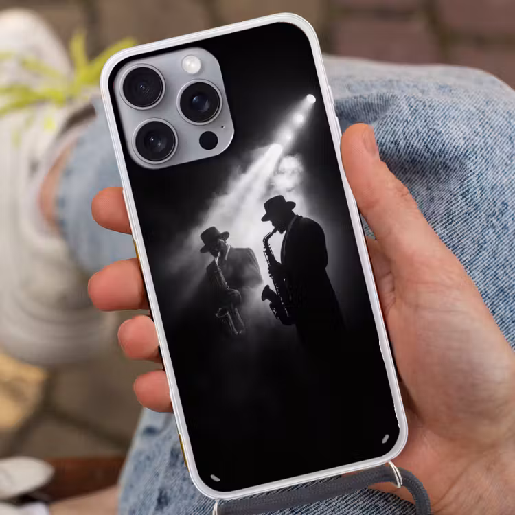 Saxofonisten - Hoeden - Rook - Licht Hoesje iPhone 16 Pro Max met koord klein -sfeer3