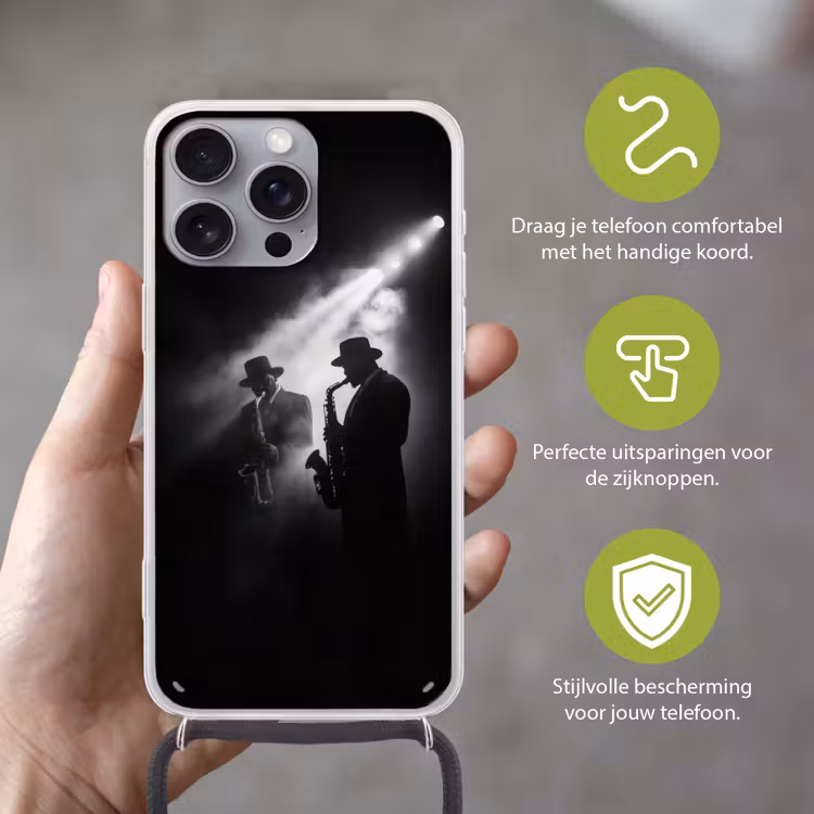 Saxofonisten - Hoeden - Rook - Licht Hoesje iPhone 16 Pro Max met koord klein -sfeer2_NL