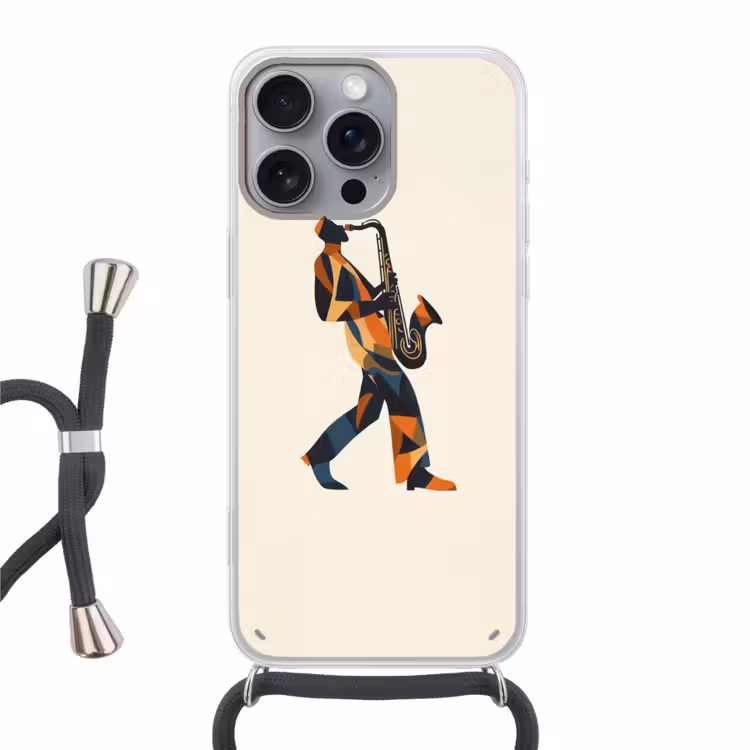 Saxofoon - Abstract - Persoon - Blauw Hoesje iPhone 16 Pro Max met koord klein -3d