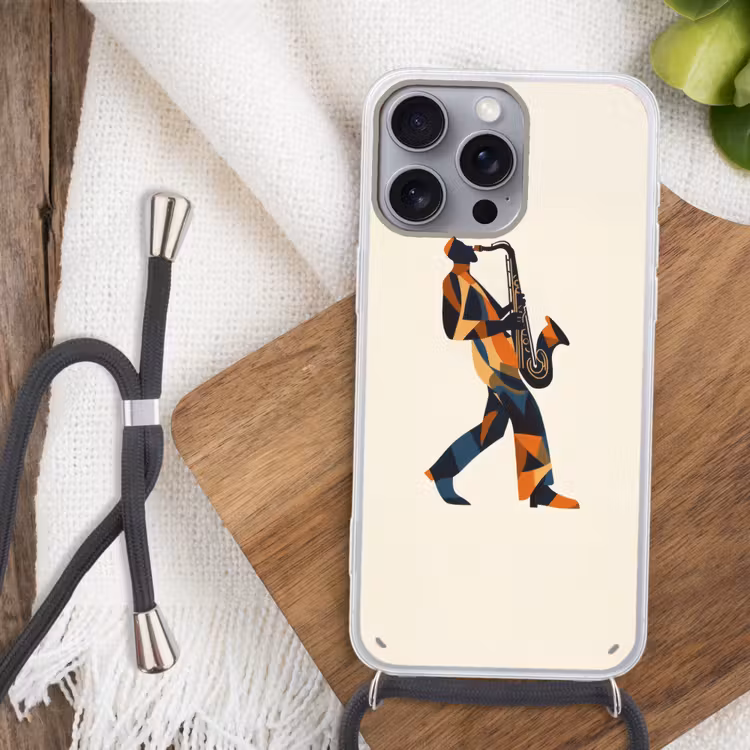 Saxofoon - Abstract - Persoon - Blauw Hoesje iPhone 16 Pro Max met koord klein -sfeer4