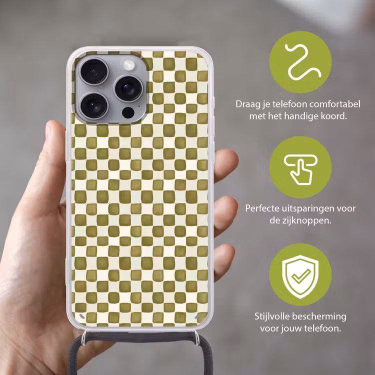 Schaak - Patroon - Groen Hoesje iPhone 16 Pro Max met koord klein 804 -sfeer2_NL